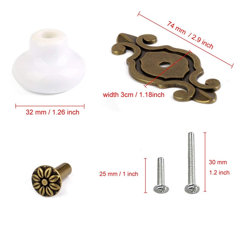 HUAMULAN 10 Pack Retro Ceramic Knobs,Vintage Dresser Kitchen Petal Cabinet Pulls Zinc Alloy Base Back Plate Cupboard Wardrobe Drawer Door Handles,Bronze+White - Image 2